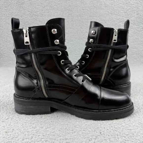 All Saints Black Leather Combat Boots with Buckle - Picture 9 of 14